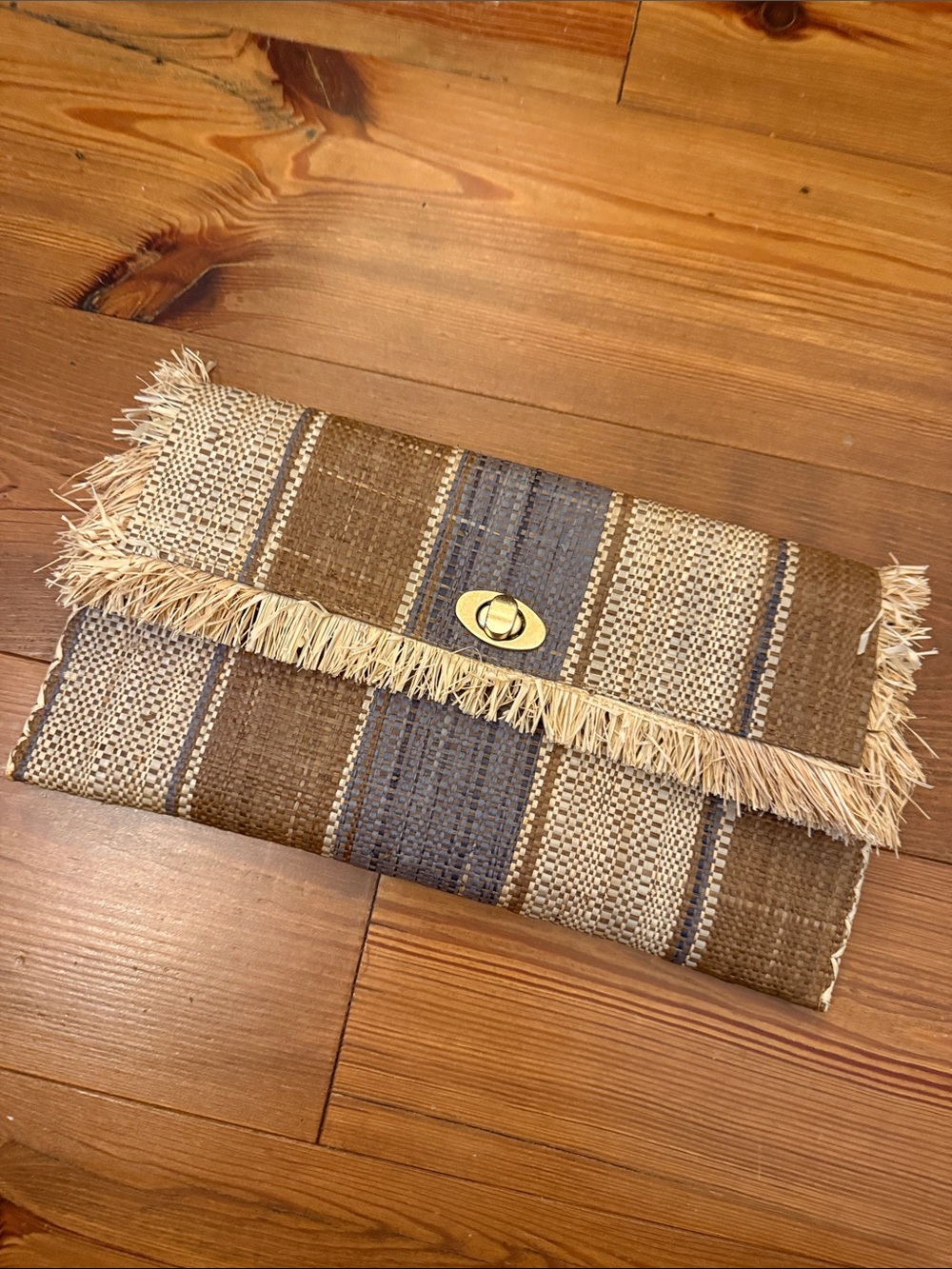 Striped Woven Foldover Clutch in Brown and Cream with Fringe